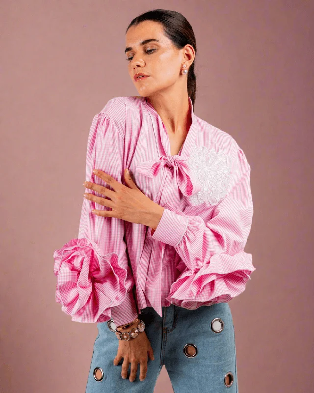 Pink Cotton Shirt Real Fur Shearling Chenille