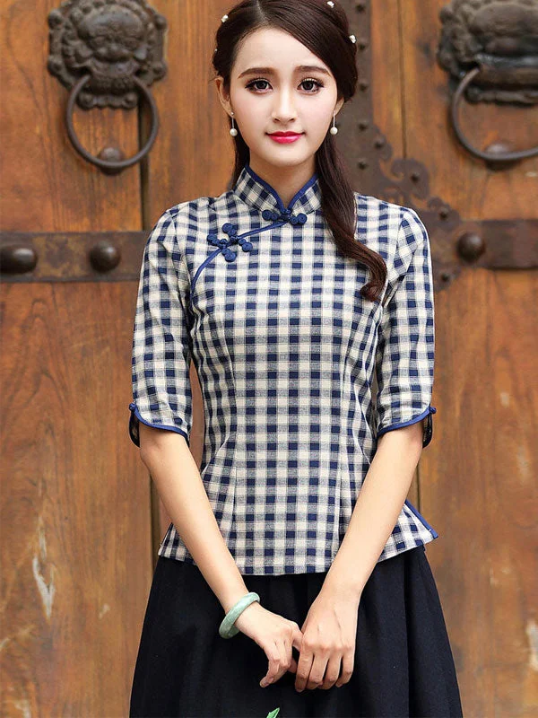 Plaid Linen Qipao / Cheongsam T-shirt Zippered Buttoned Snapped
