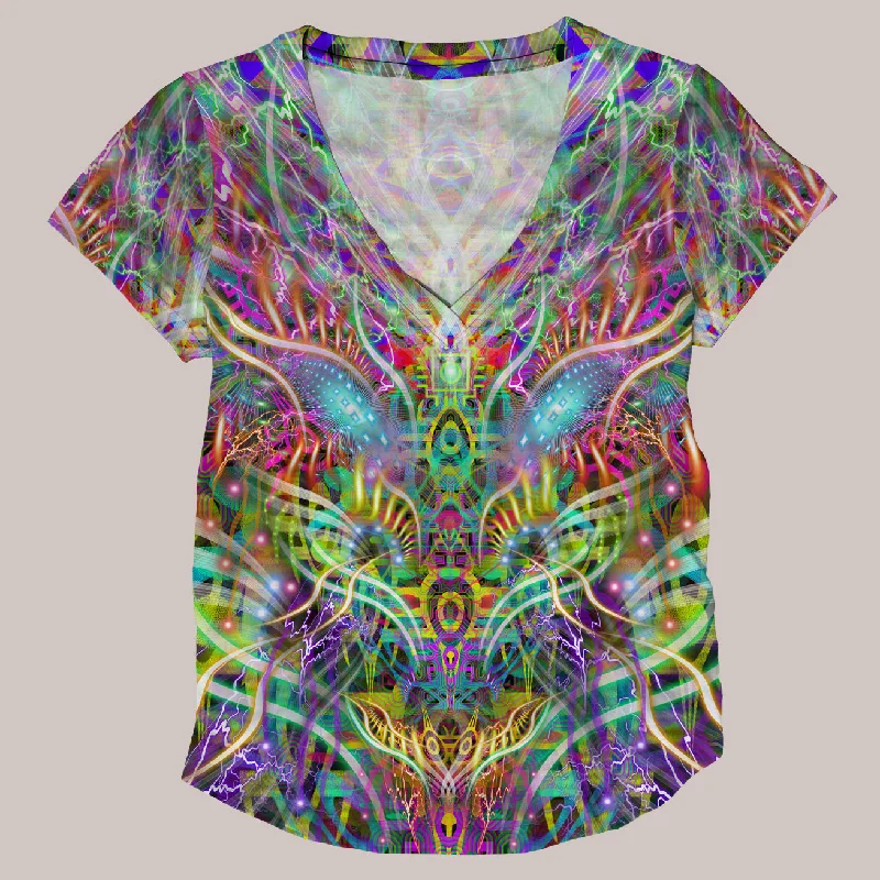 Psychedelic V-Neck Shirt (UV/RGB, Eco-Friendly, Womens) | DRACOMETHYLTRYPTAMINE Iron Safe Non-Iron Wrinkle Free Psychedelic V-Neck Shirt (UV/RGB, Eco-Friendly, Womens) | DRACOMETHYLTRYPTAMINE Iron Safe Non-Iron Wrinkle Free