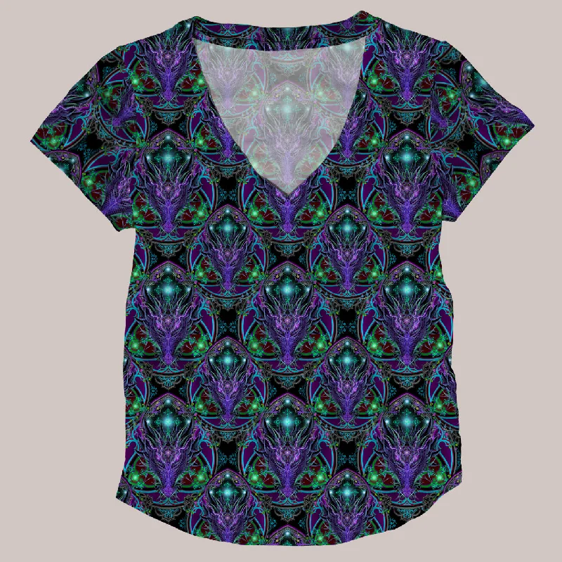 Psychedelic V-Neck Shirt (UV/RGB, Eco-Friendly, Womens) | SPELLBINDER Hooded Caped Shawl Collar Psychedelic V-Neck Shirt (UV/RGB, Eco-Friendly, Womens) | SPELLBINDER Hooded Caped Shawl Collar