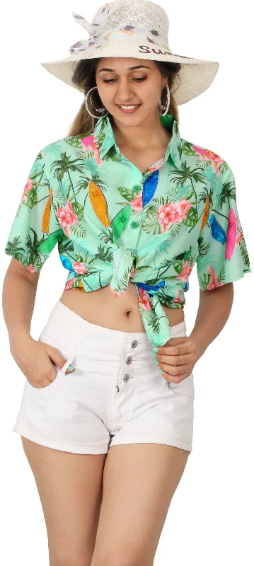 Sea Green Palm Tree and Floral Printed Hawaiian Shirts for Women Spandex Blend Rayon Blend Denim Blend Sea Green Palm Tree and Floral Printed Hawaiian Shirts for Women Spandex Blend Rayon Blend Denim Blend