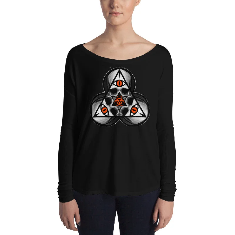 SINISTER SKULLS - Biohazard TriSkull Ladies' Long Sleeve Tee Front Pockets Side Pockets Patch Pockets SINISTER SKULLS - Biohazard TriSkull Ladies' Long Sleeve Tee Front Pockets Side Pockets Patch Pockets