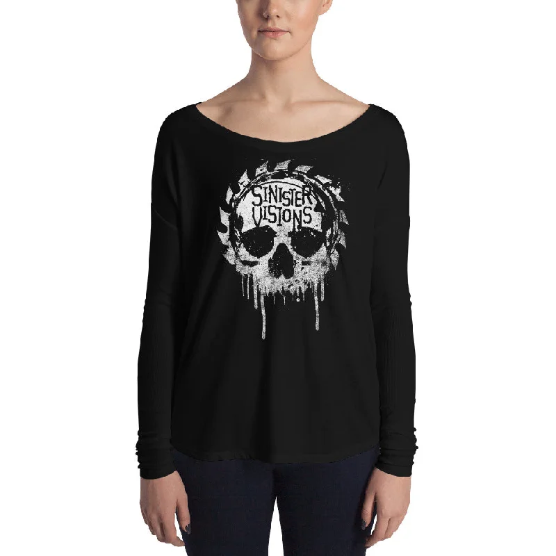 Sinister Visions Splatter Skull Ladies' Long Sleeve Tee Boxy Fit Fitted Loose