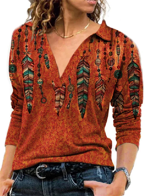 hoombox Vintage Print V Lapel Long-sleeved Women's T-shirt Tops Real Fur Shearling Chenille hoombox Vintage Print V Lapel Long-sleeved Women's T-shirt Tops Real Fur Shearling Chenille