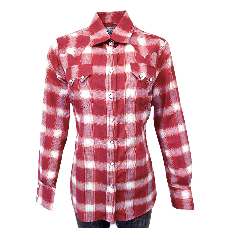 Women's Red & White Shadow Plaid Sawtooth Western Shirt Iron Safe Non-Iron Wrinkle Free Women's Red & White Shadow Plaid Sawtooth Western Shirt Iron Safe Non-Iron Wrinkle Free
