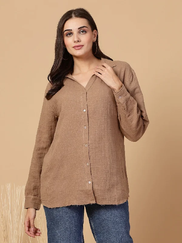 SMERA MART Women's Double Cloth Cotton Oversized Solid Casual Shirt for Women - Brown Terry Blend Velvet Blend Canvas Blend SMERA MART Women's Double Cloth Cotton Oversized Solid Casual Shirt for Women - Brown Terry Blend Velvet Blend Canvas Blend