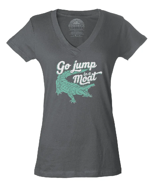 Women's Go Jump in a Moat Alligator Vneck T-Shirt Front Pockets Side Pockets Patch Pockets