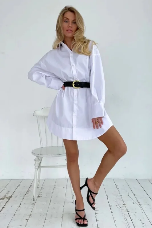 Women's White Long Sleeve Mini Shirt Dress Terry Blend Velvet Blend Canvas Blend