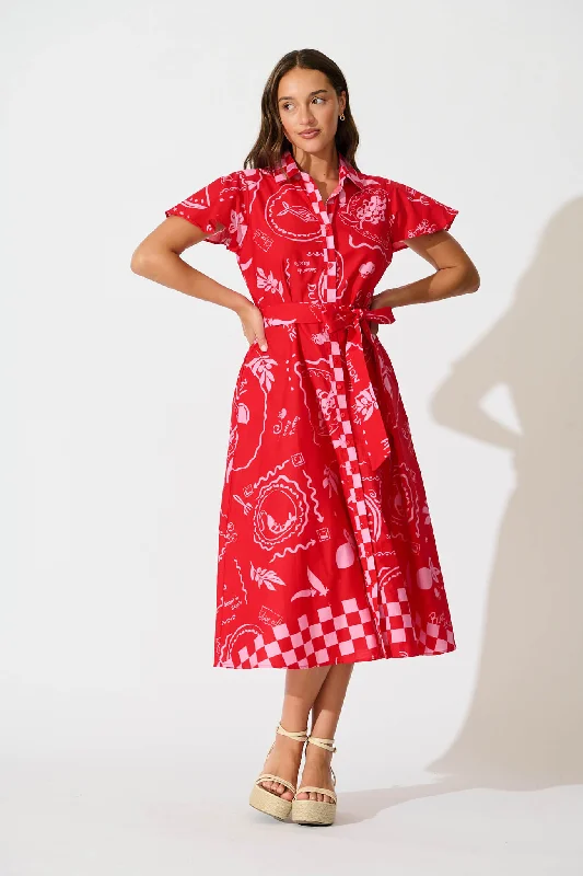 Yazmin Midi Shirt Dress in Red with Pink Border Cotton Elasticated Padded Insulated