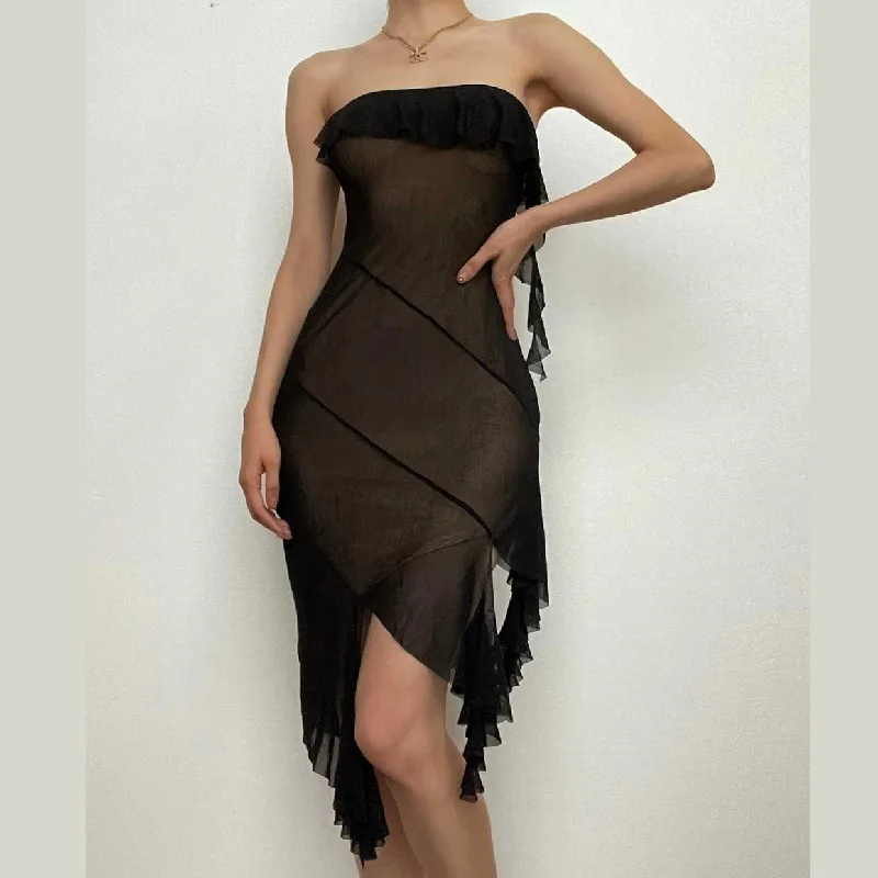 Mesh ruffle solid irregular backless tube mini dress Trendy Bodycon Mini Dress