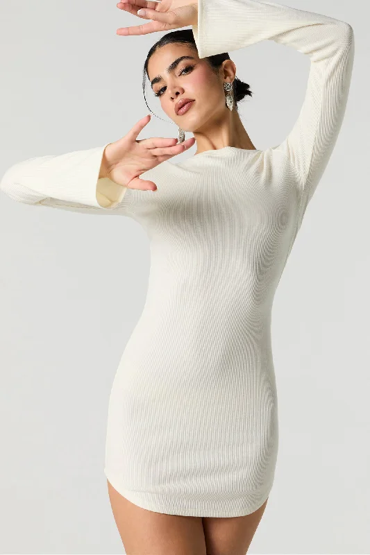 Ribbed Curved Hem Long Sleeve Mini Dress Cozy Cotton Mini Dress