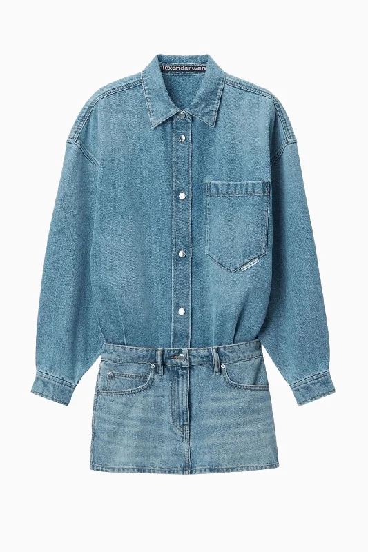 Alexander Wang Long Sleeve Prestyle Denim Shirt Mini Dress - Vintage Light Indigo Fashionable Boho-Chic Mini Dress