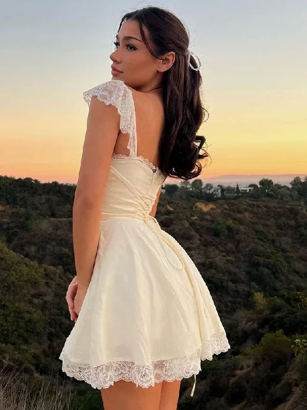 Avalena Lace Trim Mini Dress Elegant Mini Dress with Ruffles