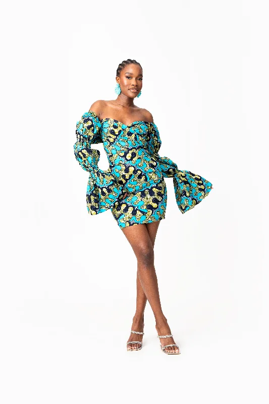 BADE African Print Off-shoulder Puffy Sleeve Mini Dress Casual Mini Dress with Pockets BADE African Print Off-shoulder Puffy Sleeve Mini Dress Casual Mini Dress with Pockets