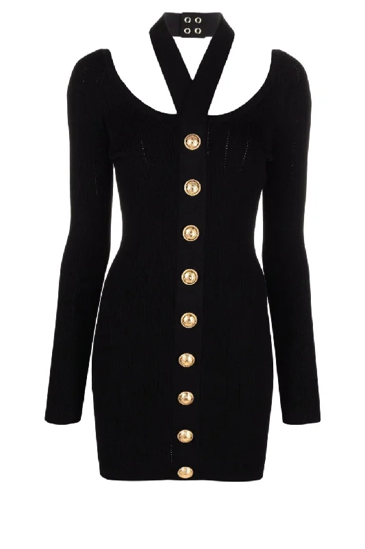 Balmain Backless Halterneck Knit Mini Dress - Black Elegant Velvet Mini Dress