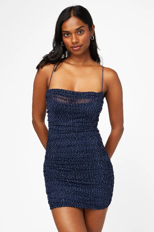 Beata Rhinestone Ruched Mesh Mini Dress Cozy Ribbed Mini Dress