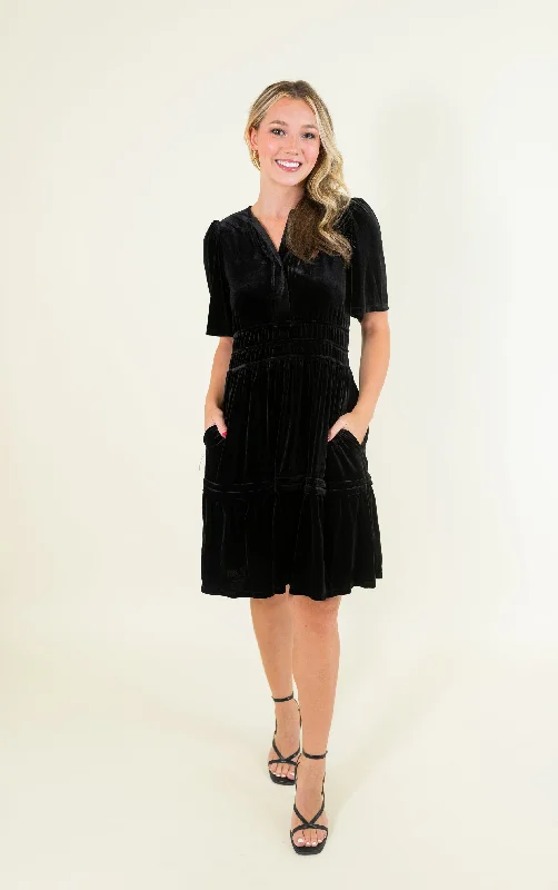 Bell Sleeve Pintuck Velvet Dress