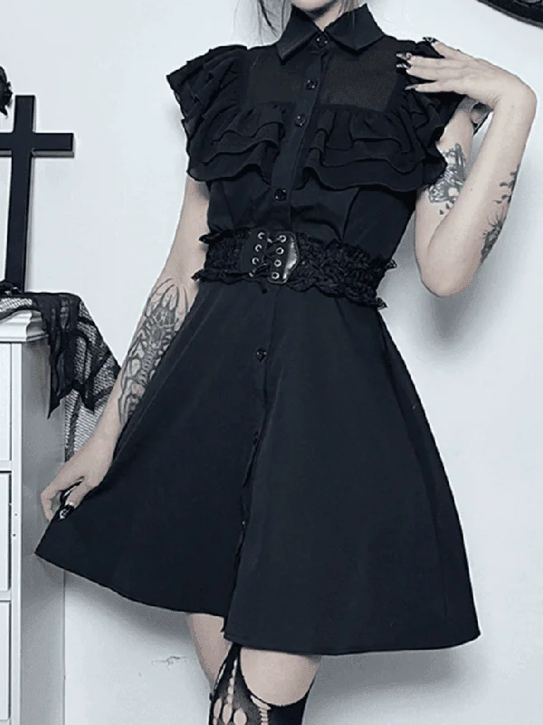 Black Ruffle Polo Neck Mini Dress Fashionable Polka Dot Mini Dress