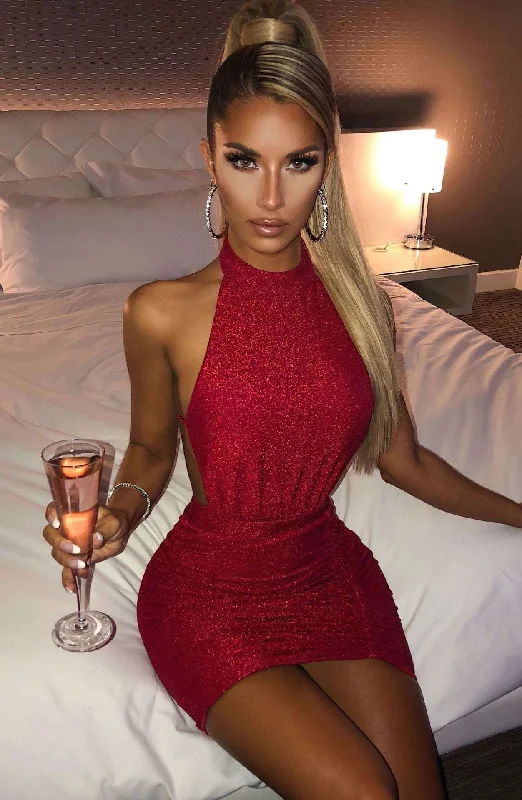 Bodycon Dress | Backless Halter Mini Dress Wine Red Trendy Denim Mini Dress