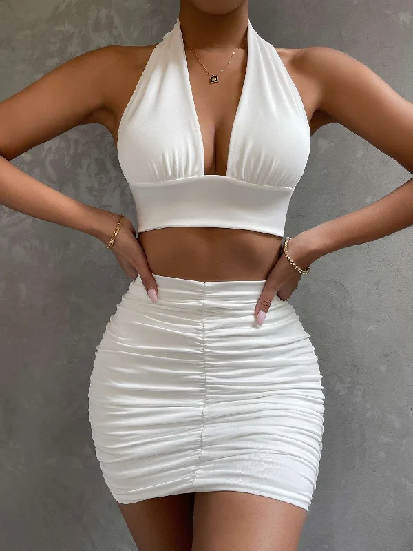 Bodycon Dress | Halter Top Pleated Mini Dress Trendy Mesh Mini Dress