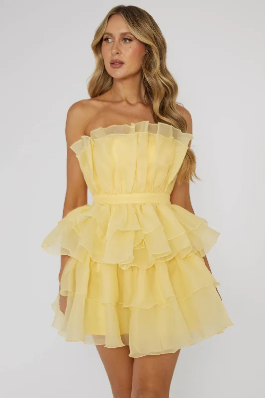 Bon Bon Tiered Chiffon Mini Dress Yellow Comfortable Casual Mini Dress