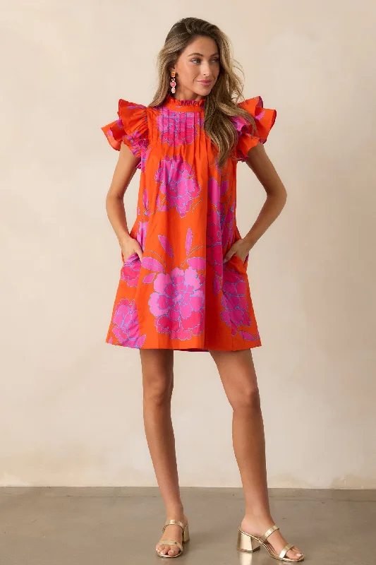 Breezes And Blooms 100% Cotton Orange Flutter Sleeve Mini Dress Stylish Sweetheart Mini Dress
