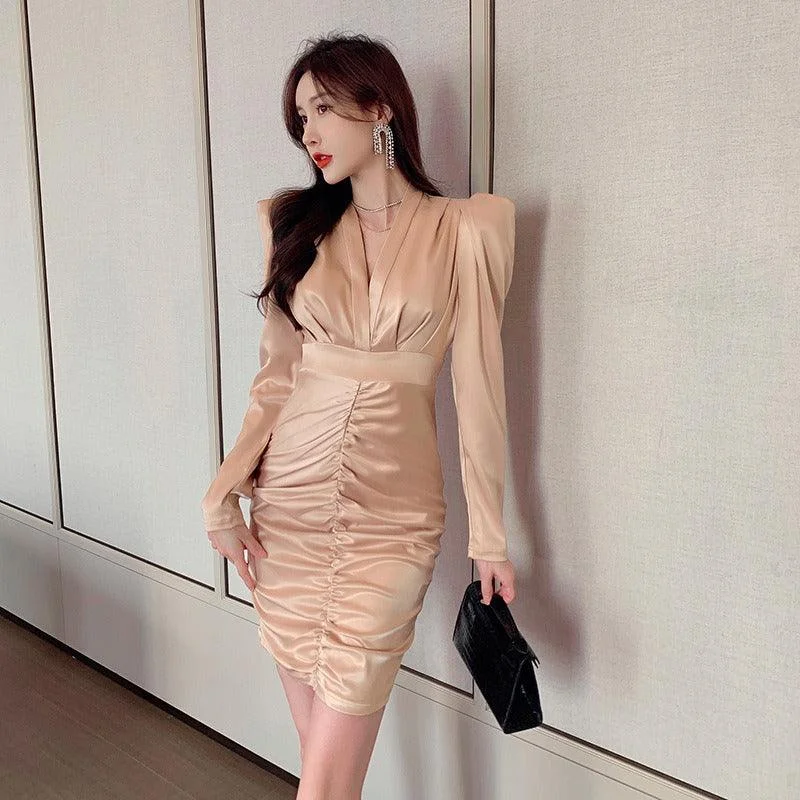 Champagne Elegant Ruffled V-Neck Bandage Mini Dress Fashionable Pleated Mini Dress
