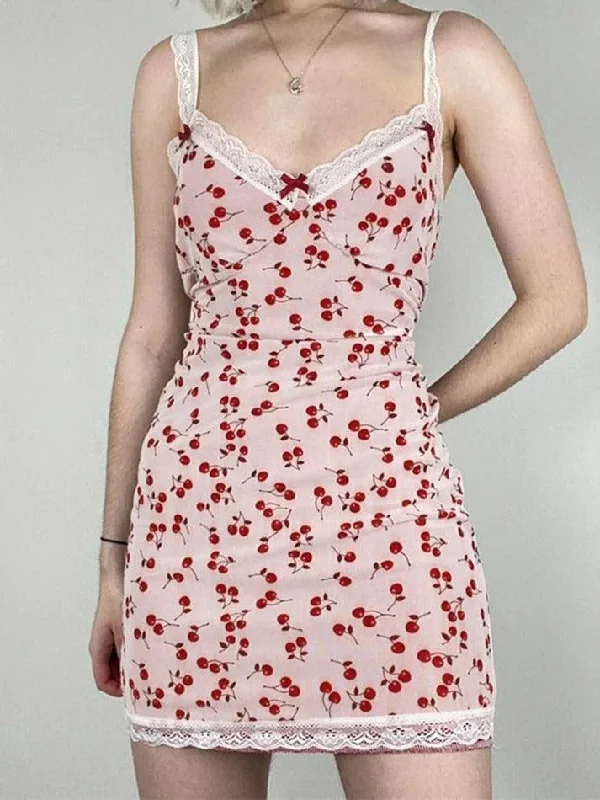 Cherry Print Lace Splice V Neck Mini Dress Stylish Button-Down Mini Dress