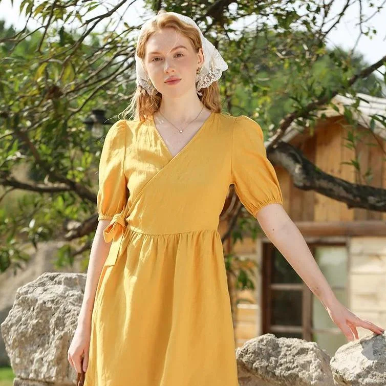 Chic Linen Puff Sleeve Mini Dress with Lace-Up Detail Comfortable One-Shoulder Mini Dress Chic Linen Puff Sleeve Mini Dress with Lace-Up Detail Comfortable One-Shoulder Mini Dress