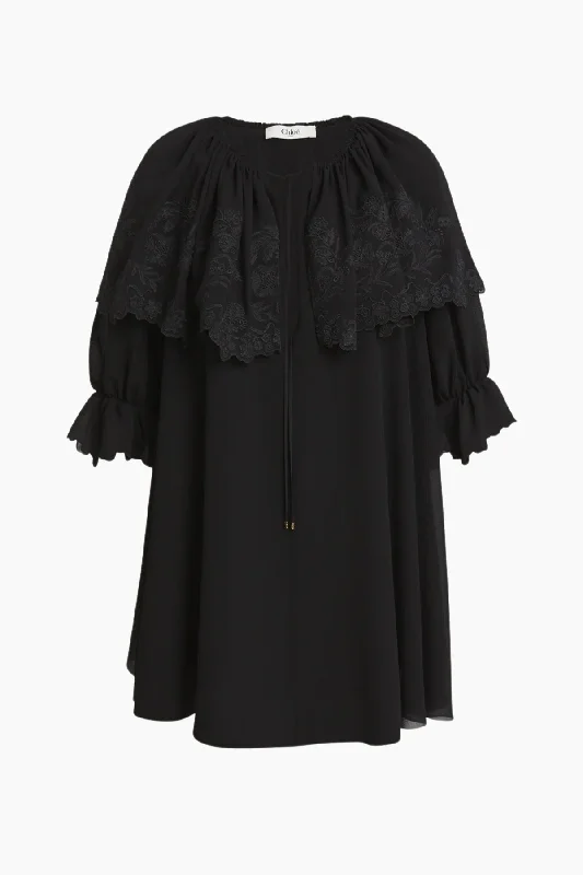 Chloé Ruffle Shoulder Georgette Mini Dress - Black Cozy Ribbed Mini Dress