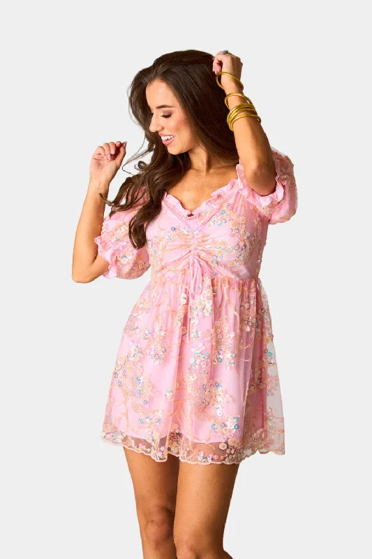 Colby Puff Sleeve Mini Dress - Peaches N Cream Elegant Lace-Up Mini Dress