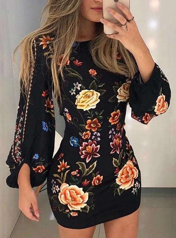 Cutout Back Bishop Sleeve Floral Bodycon Mini Dress Fashionable Off-Shoulder Mini Dress