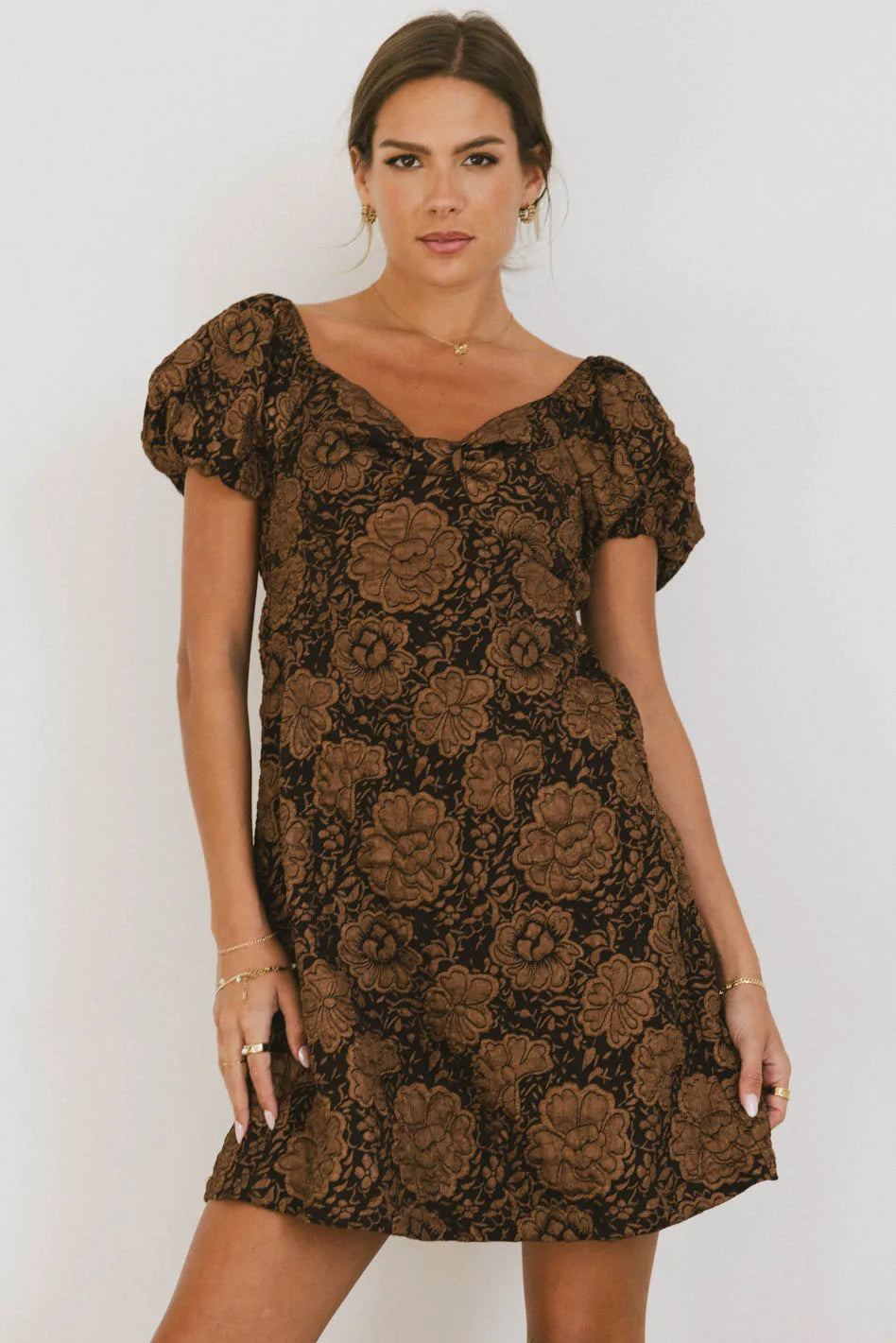 Darcella Floral Mini Dress in Brown Trendy Lace Mini Dress