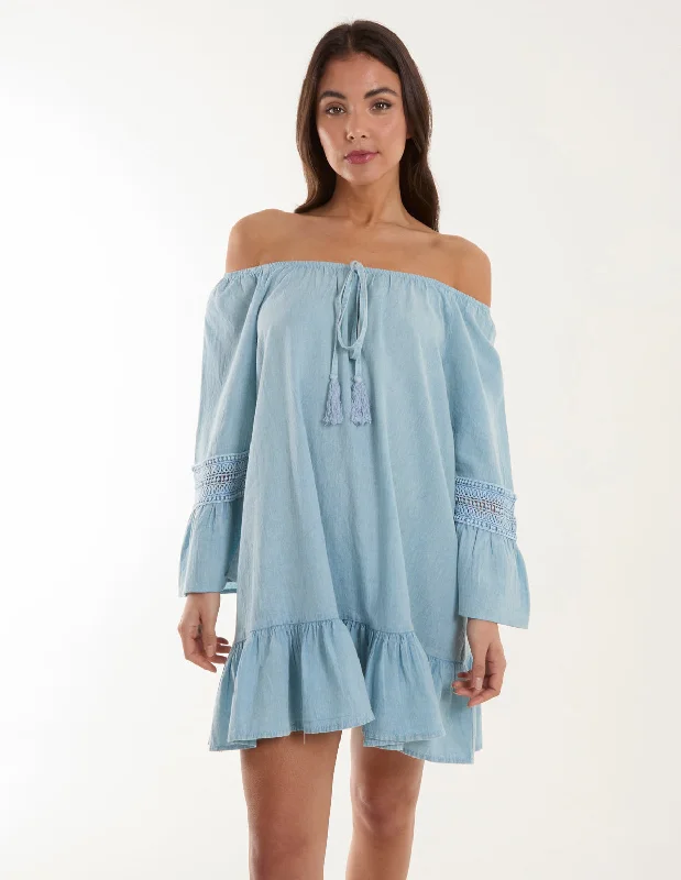 Lace Trim Elasticated Bardot Neck Tunic Dress