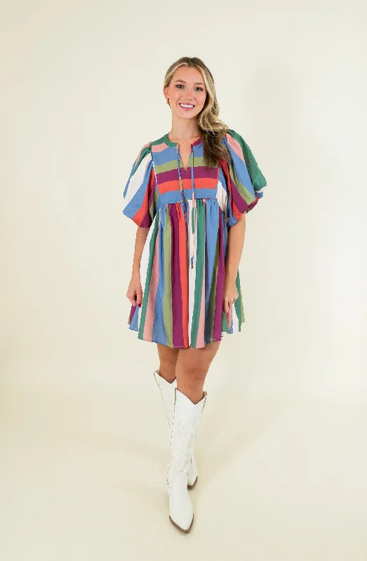 Denim Plum Stripe Bubble Sleeve Dress