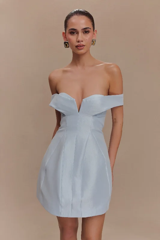 Diana Off Shoulders Mini Dress - Powder Baby Blue Cozy Cowl Neck Mini Dress