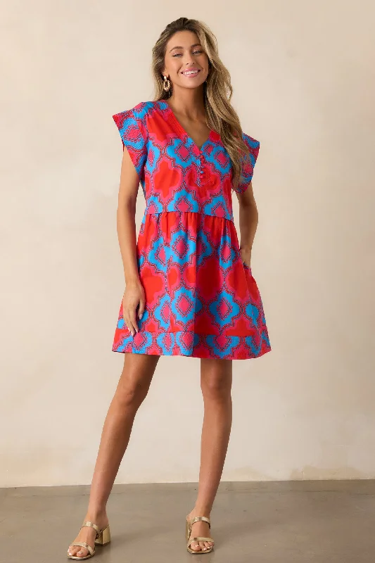 Doing Better 100% Cotton Red Print Mini Dress Cozy Sweater Mini Dress