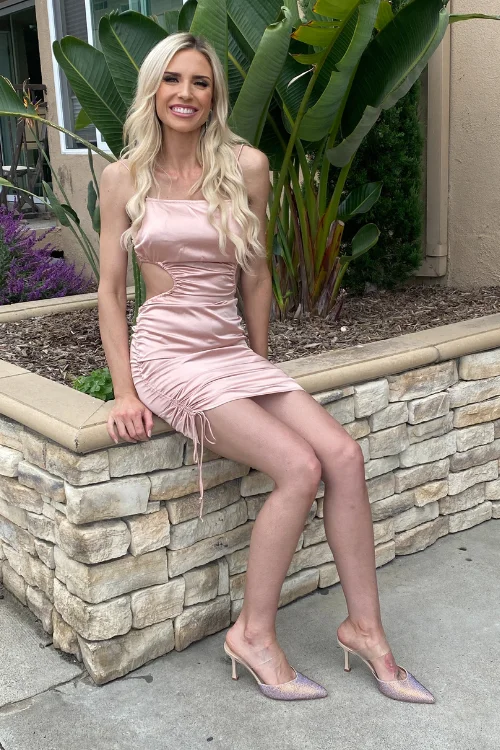 Everly Cutout Ruched Tie Mini Dress - Pink Satin Fashionable Boho-Chic Mini Dress