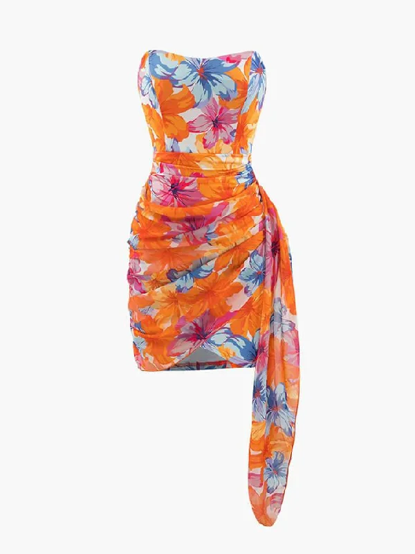 Floral Print Wrap Ruched Strapless Mini Dress Trendy Tulle Mini Dress