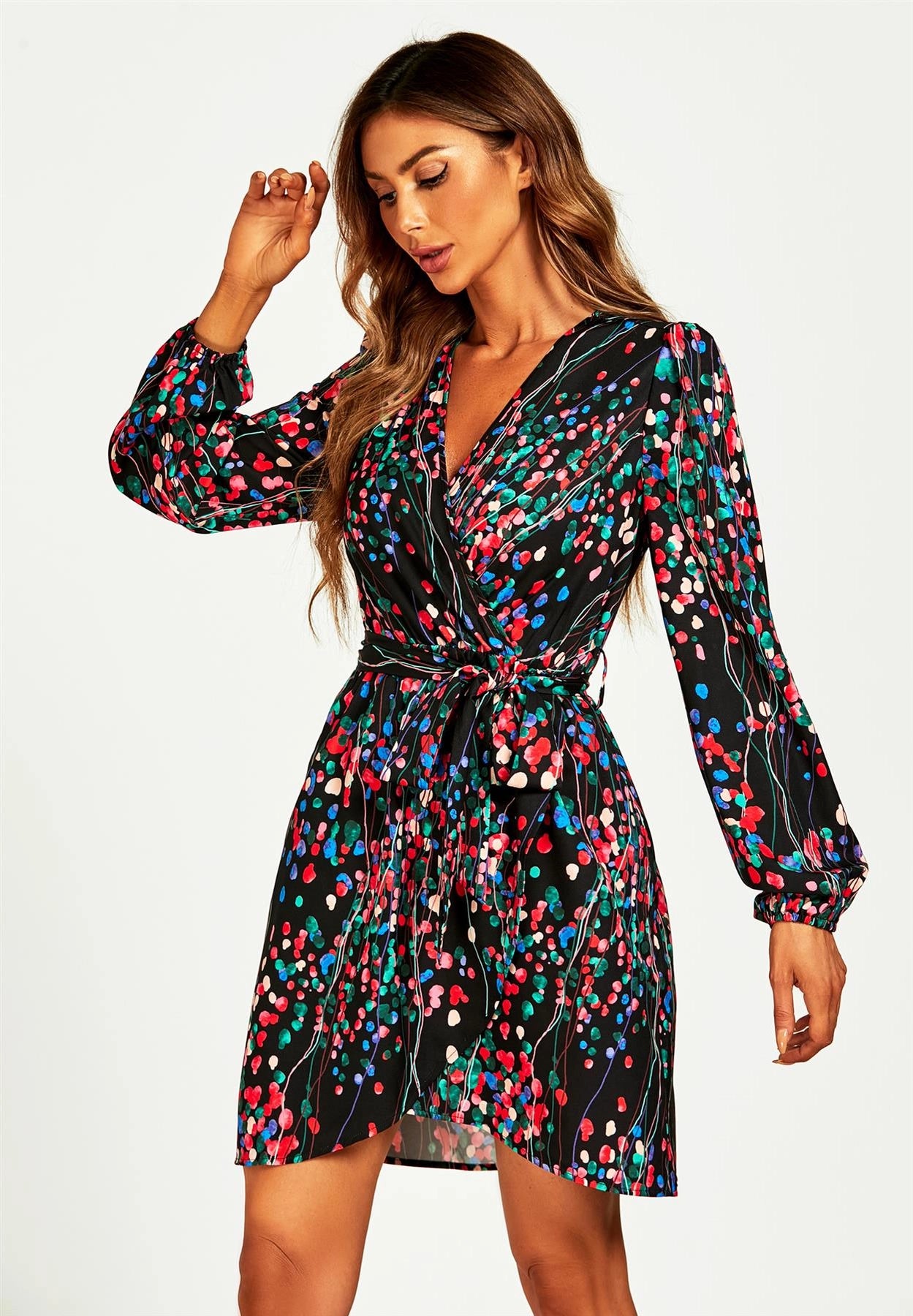 FS Collection Abstract Floral Print Black Mini Dress Elegant Lace-Up Mini Dress