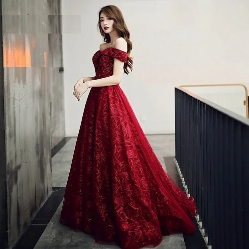 G336, Burgundy Evening Dress Elegant Shining Long Formal Gown, Size (XS-30 to L-38)