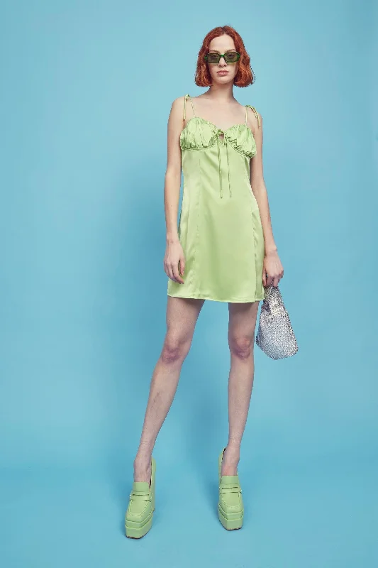 Petite Lacey Gathered Bust-Cup Mini Dress - Green Comfortable Boho Mini Dress