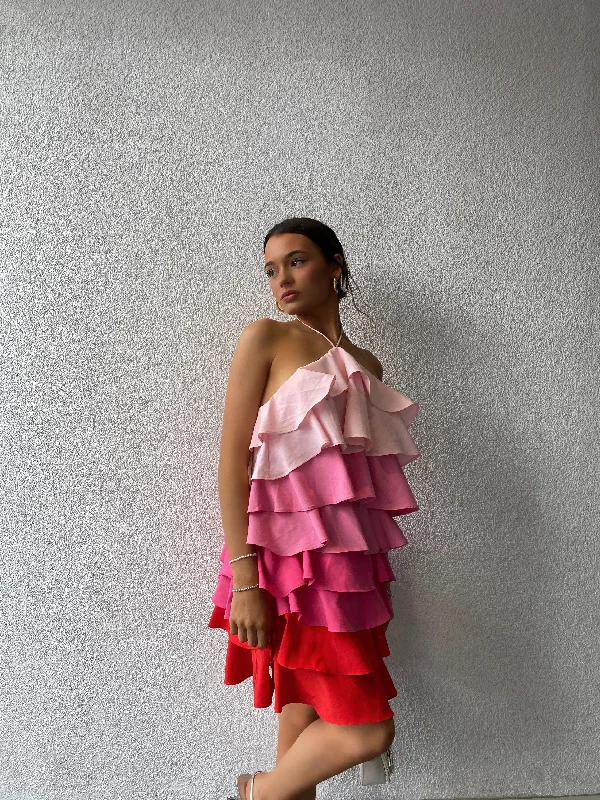 Petite Christina Halterneck Ruffle Mini Dress - Pink/Red Ombre Fashionable A-Line Mini Dress Petite Christina Halterneck Ruffle Mini Dress - Pink/Red Ombre Fashionable A-Line Mini Dress