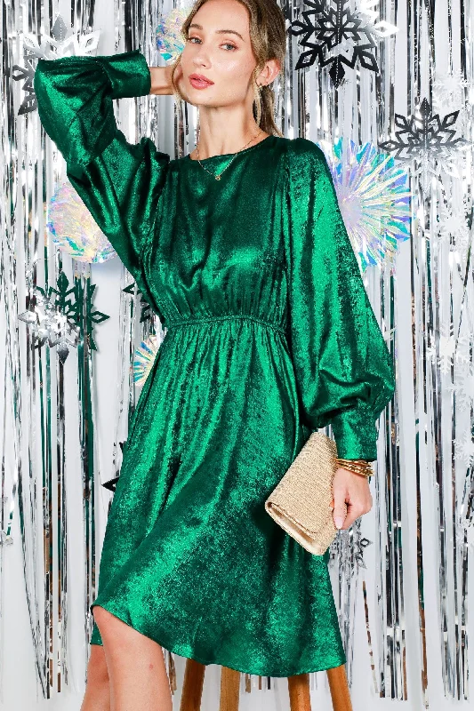 Hunter Green Metallic Holiday Puff Long Sleeve Foil Cocktail Party Mini Dress Cozy Jersey Mini Dress