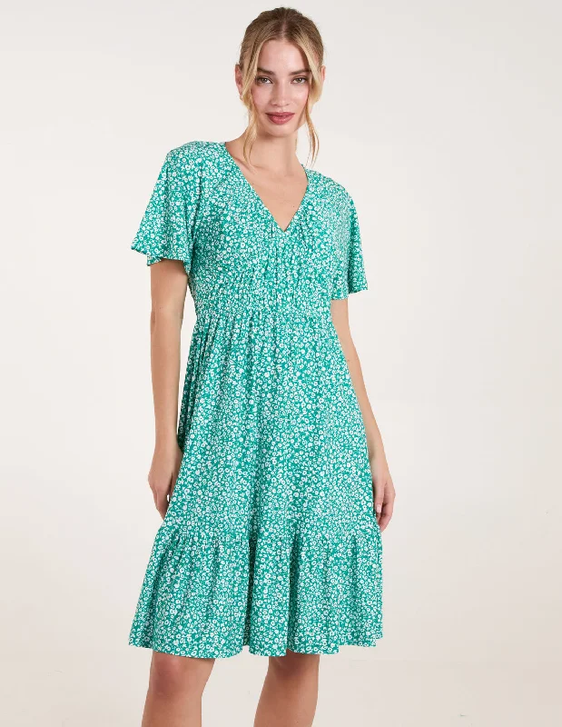 Ditsy Printed Angel Sleeve Elasticated V Neck Dress