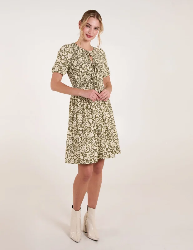 Tie Keyhole Front Puff Sleeve Dress