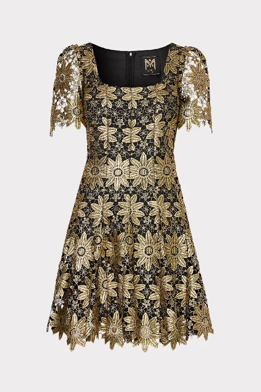 Ilisa Gold Lace Godet Mini Dress Stylish Sweetheart Neck Mini Dress