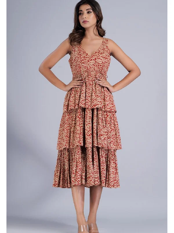Red Cotton Strappy Dress in Three Layer Tiers