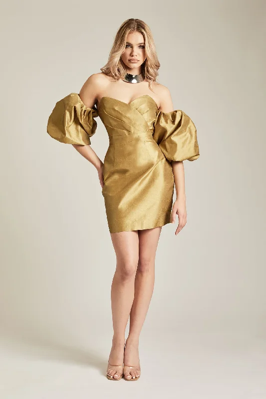 Kayla Dupioni Puff Sleeve Mini Dress (Antique Gold) Stylish Short-Sleeve Mini Dress