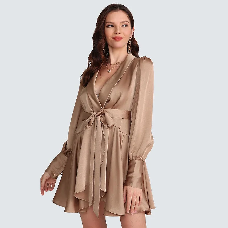 Khaki Satin Vintage Wrap Mini Dress Casual V-Neck Mini Dress